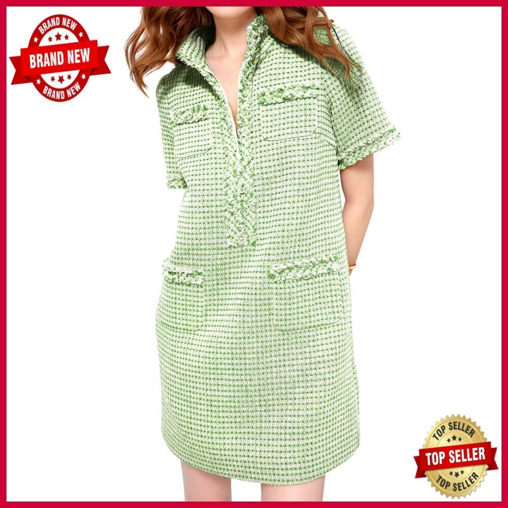Tweed Shift Dress Elegant Formal Work Cocktail Party Mini Short Sleeve